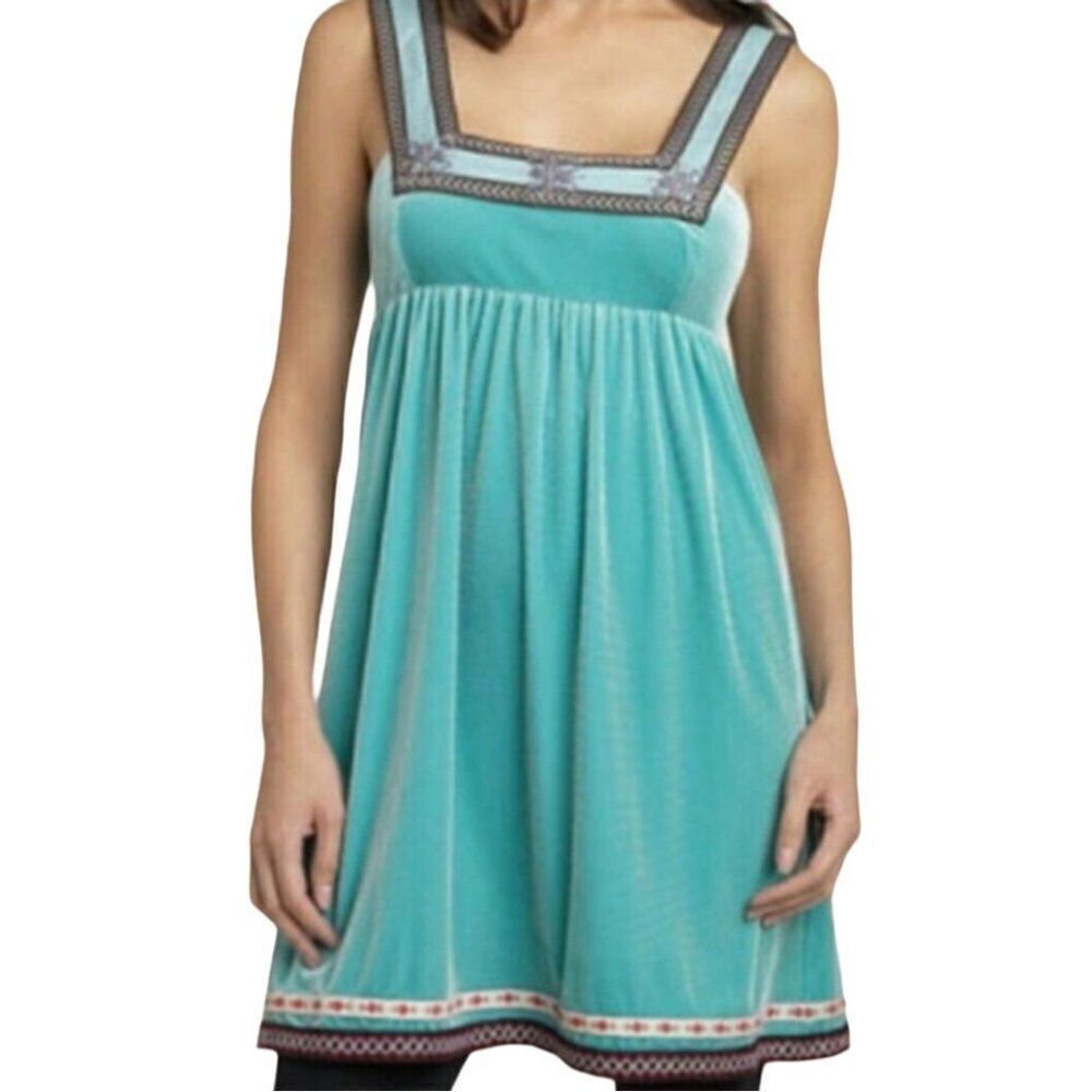 Free People Baby Doll Dress XS Teal Blue Velour Mini Smocked‎ Ribbon Trim Boho